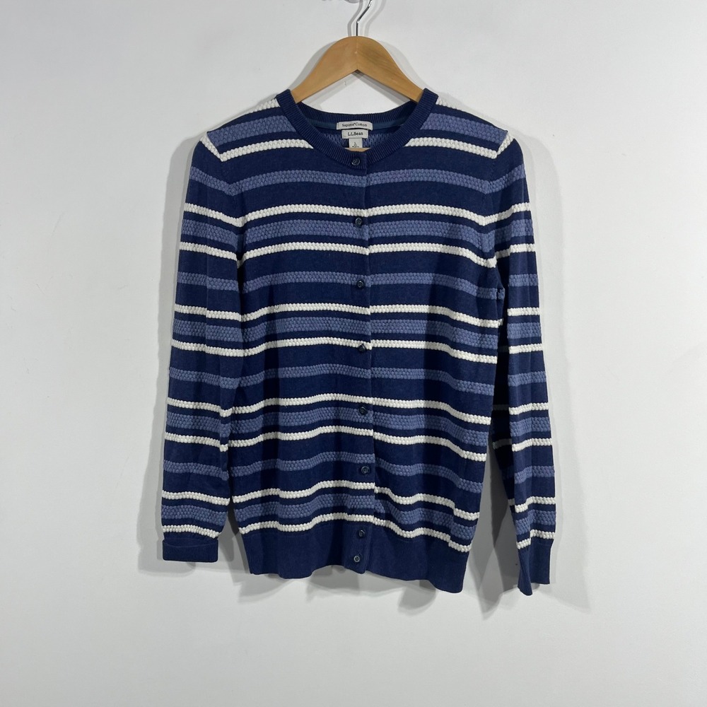 LL Bean Preppy Old Money Granola Boho Striped Supima Cotton Cardigan Sweater L